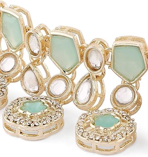 Women Mint Green Kundan Austrian Diamonds & Artificial Stones Indian Necklace Earring & Ring Set VitansEthnics
