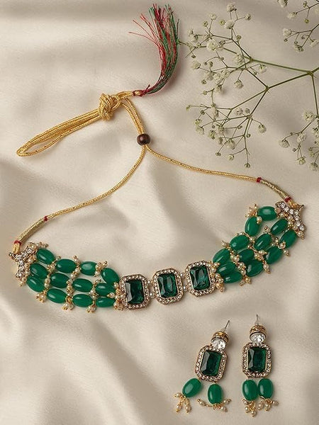 Women Green Stones & Beads Multistrand Indian Traditional Choker Necklace & Earring VitansEthnics