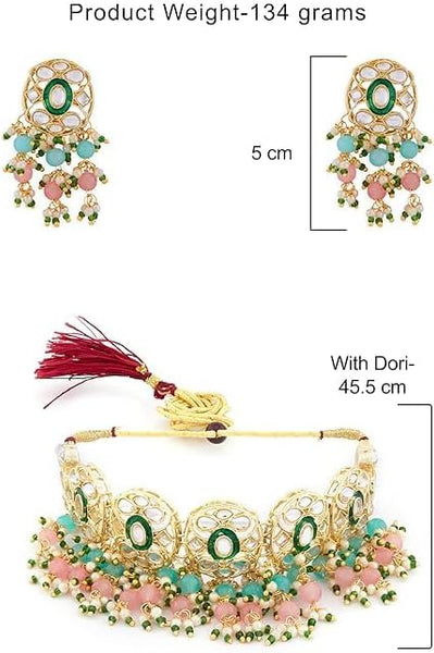 Pink & Green Beads Cluster Drops Kundan Choker Necklace Earrings & Ring Set For Women VitansEthnics