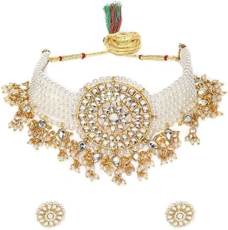Gold Tone Kundan & MultiStrand Pearls Choker Necklace & Earring Set For Women VitansEthnics