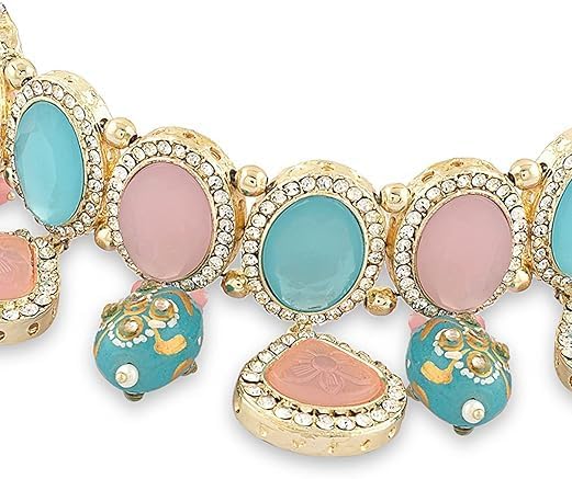 Turquoise Blue Pink Ethnic Choker Necklace Earring Maangtikka Ring Set For Women VitansEthnics