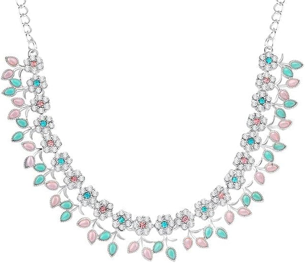 Silver Plated AD Diamond Necklace Jewellery Set with Earrings for Women VitansEthnics