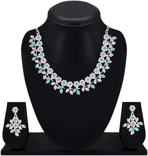 Silver Plated AD Diamond Necklace Jewellery Set with Earrings for Women VitansEthnics