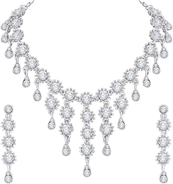 Silver Plated Jewelry Set for Women Elegant Necklace and Drop Earrings Set for Weddings VitansEthnics