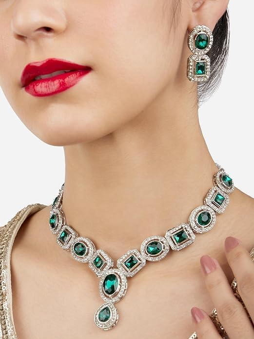 Green Stones & Austrian Diamonds Necklace & Earring Set For Women VitansEthnics