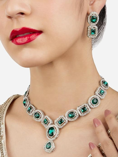 Green Stones & Austrian Diamonds Necklace & Earring Set For Women VitansEthnics