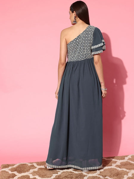 Designer Embroidered One Shoulder Indian Dress For Women, Embellished Indo Western Dress, Dresses For Women, Party Wear Indian Outfit VitansEthnics