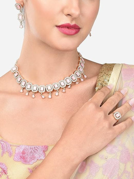 Pink Dazzling Stones Sleek Choker Necklace Earring & Ring Set For Women VitansEthnics