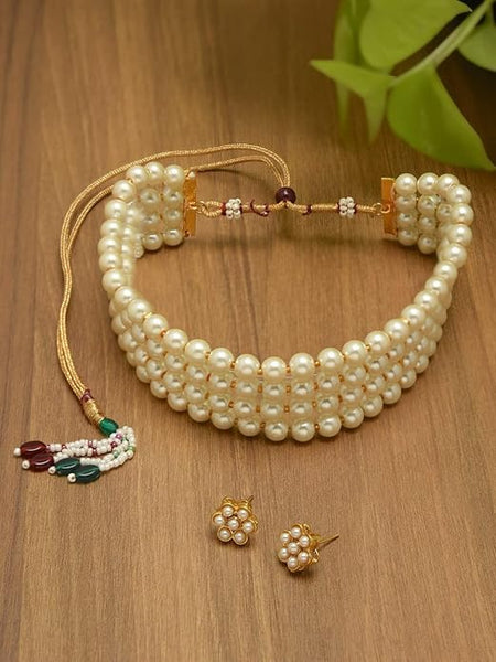 Gold Tone Ethnic Multistrand Pearl Choker Necklace & Earring Set For Women Indian Jewelry Set VitansEthnics