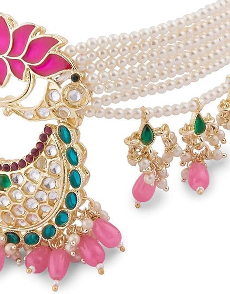 Women Green & Pink Meenakari Lotus Multistrand Pearls Choker Necklace Earring & Ring Set VitansEthnics