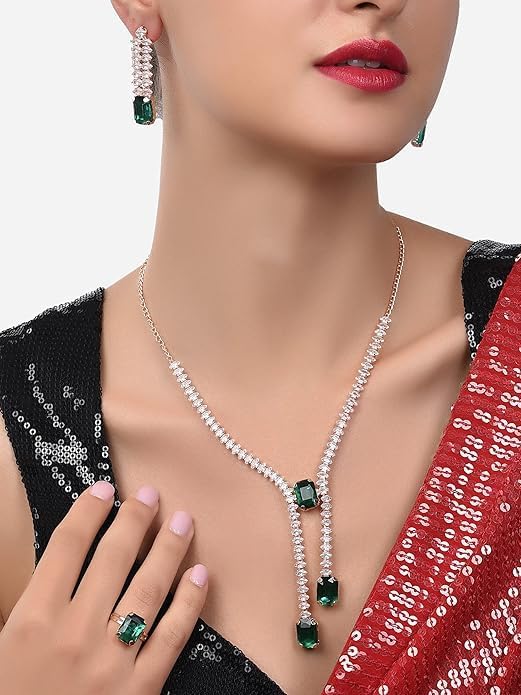 Green Dazzling Contemporary Necklace Earring & Ring Set For Women VitansEthnics