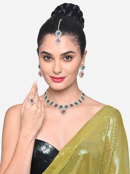 Austrian Diamond Choker Necklace Earring Maangtikka Ring Set For Women Jewelry For Festivals Weddings Engagement VitansEthnics
