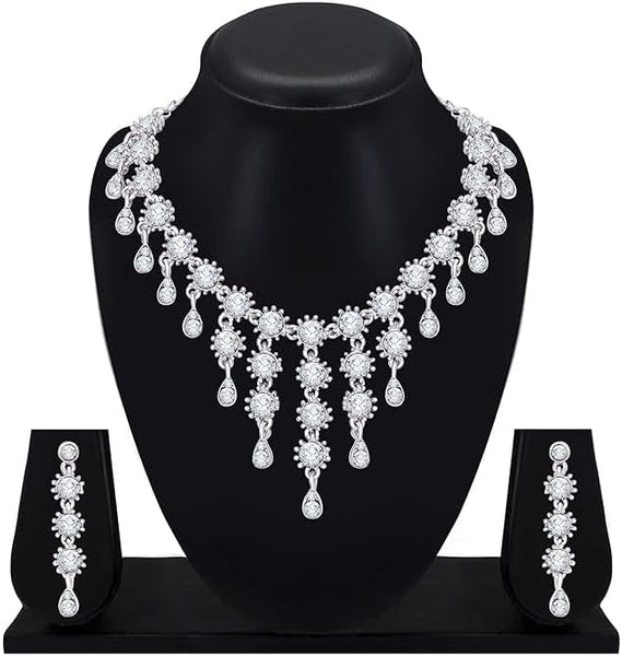 Silver Plated Jewelry Set for Women Elegant Necklace and Drop Earrings Set for Weddings VitansEthnics