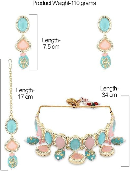 Turquoise Blue Pink Ethnic Choker Necklace Earring Maangtikka Ring Set For Women VitansEthnics