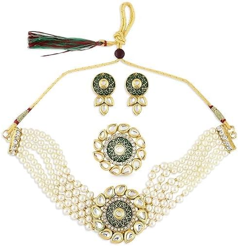 Green Enamel Multistrand Kundan Choker Necklace Earring & Ring Set For Women VitansEthnics