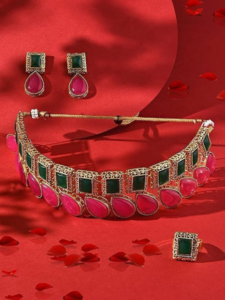 Pink & Green Stones Antique Teardrop Indian Necklace Earring & Ring Set For Women VitansEthnics