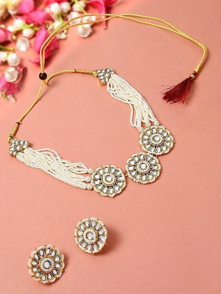 Gold Tone Kundan & Pearls Flowers Choker Necklace & earring Set For Women VitansEthnics