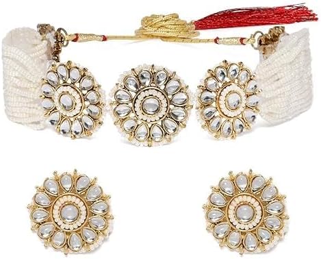 Gold Tone Kundan & Pearls Flowers Choker Necklace & earring Set For Women VitansEthnics