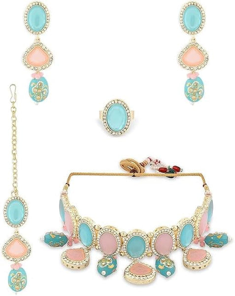 Turquoise Blue Pink Ethnic Choker Necklace Earring Maangtikka Ring Set For Women VitansEthnics