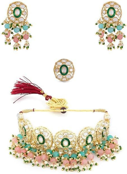 Pink & Green Beads Cluster Drops Kundan Choker Necklace Earrings & Ring Set For Women VitansEthnics