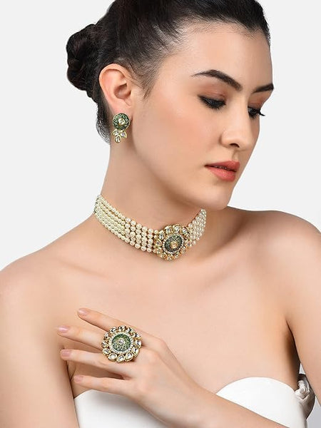 Green Enamel Multistrand Kundan Choker Necklace Earring & Ring Set For Women VitansEthnics