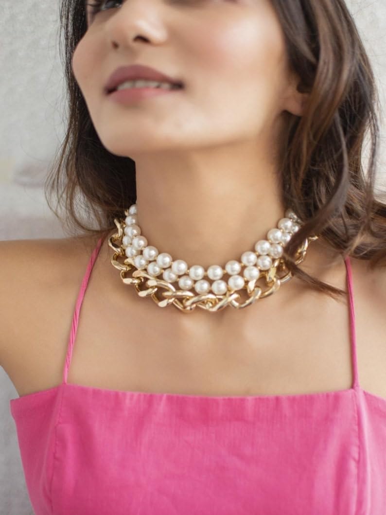 Gold Toned & White Pearl Choker Necklace, Choker Necklace For Women, Contemporary Choker Necklace VitansEthnics