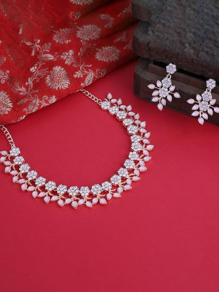Women Rose Gold Plated White & Pink Crystal Studded Jewellery Set VitansEthnics