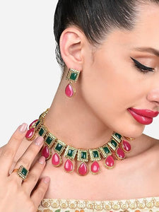 Pink & Green Stones Antique Teardrop Indian Necklace Earring & Ring Set For Women VitansEthnics