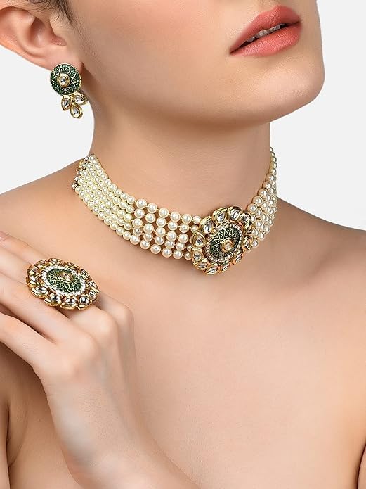 Green Enamel Multistrand Kundan Choker Necklace Earring & Ring Set For Women VitansEthnics