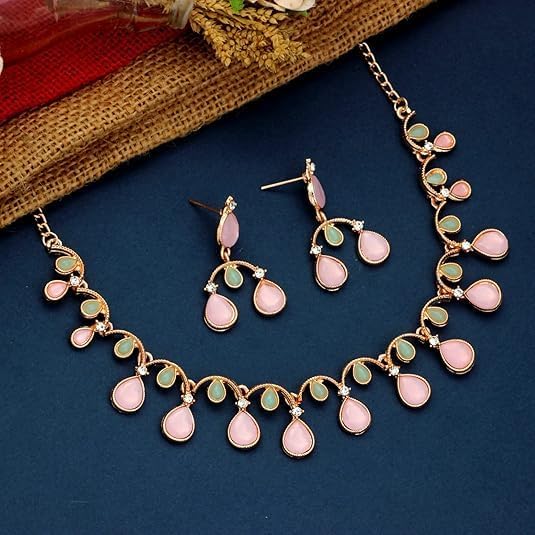 Rose Gold And Silver Plated Stone Necklace with Earrings for Women Jewelry Set for Party, Wedding Guest Statement Jewelry Set Statement Dainty Necklace Set VitansEthnics