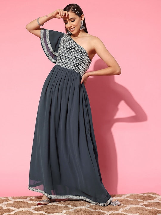 Designer Embroidered One Shoulder Indian Dress for Women 2XL / Mauve