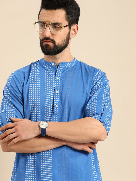 Men Blue Bandhani Printed Pure Cotton Kurta VitansEthnics