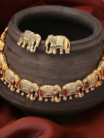 Gold-Plated Elephant Design Antique Choker Necklace Set VitansEthnics