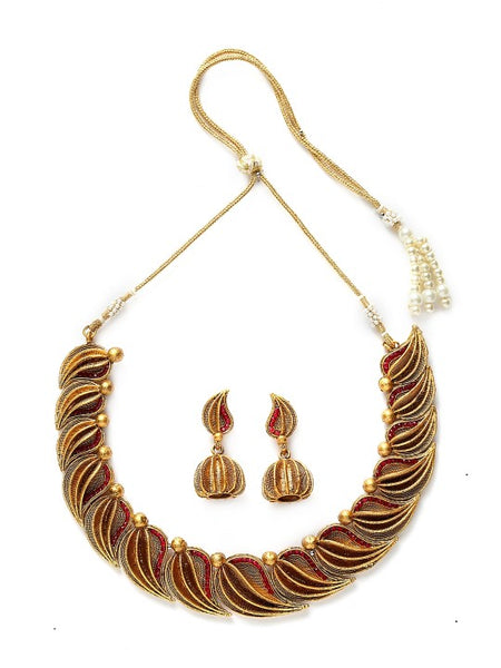 Gold-Plated Red Handcrafted Stone-Studded Sustainable Jewelry Set VitansEthnics