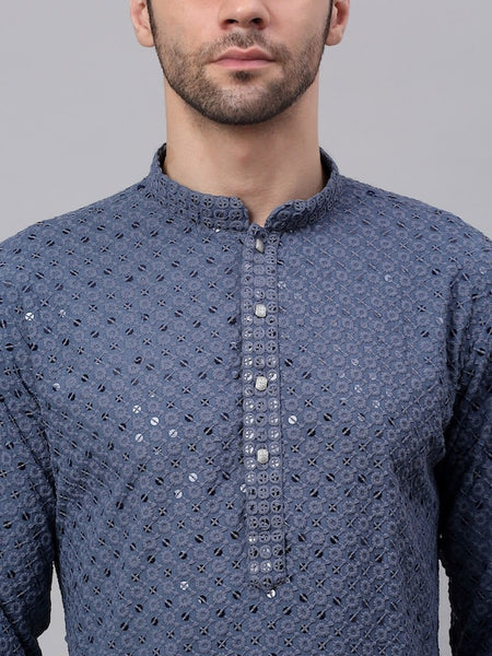 Men Grey Geometric Sequin Embroidered Kurta VitansEthnics