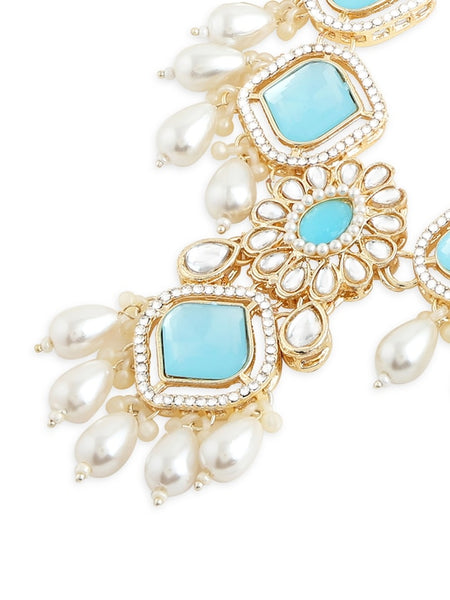 Gold Plated Austrian Diamonds Studded & Beaded Blue Jewellery Set VitansEthnics