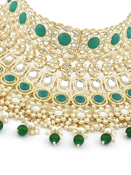 Green & White Gold-Plated Kundan-Studded & Pearl Beaded Bridal Jewellery Set VitansEthnics