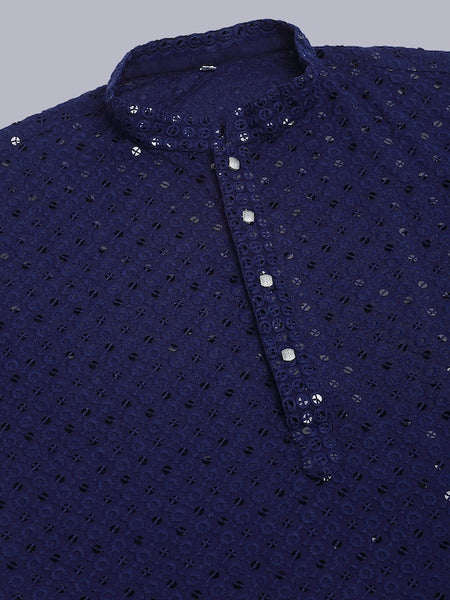 Men Dark Blue Geometric Sequin Embroidered Kurta VitansEthnics
