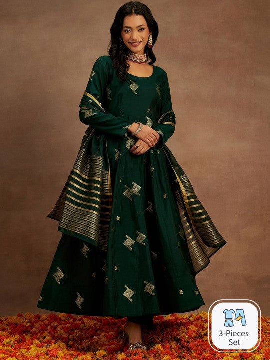 Green Woven Design Chanderi Silk Kurta with Palazzos & Dupatta