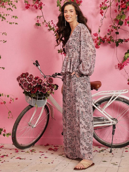 Printed V Neck Peplum Top with Palazzo Coord Set VitansEthnics
