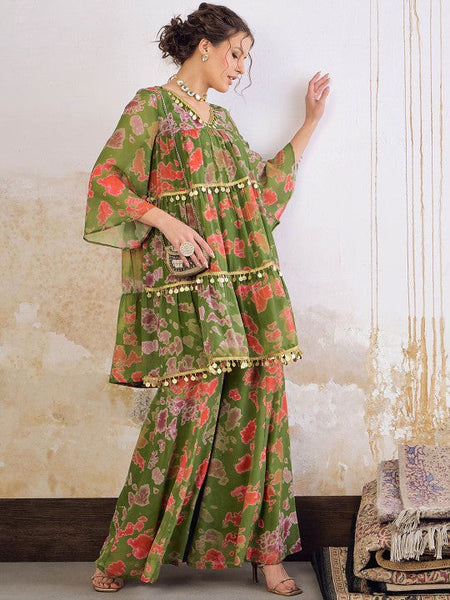 5Printed Sequin Embellished Flared Kurti with Palazzo For Women, Co-Ords Set, Indo Western Outfit, Ethnic Indian Dress, Fusion Suit Set VitansEthnics