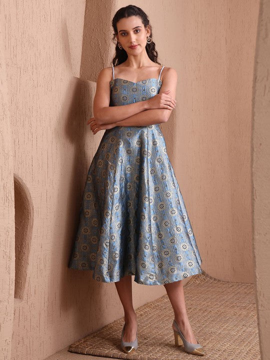 10Ethnic Motifs Jacquard Backless Fit & Flare Midi Dress For Women, Sleeveless Indian Dress, Indo Western Outfit, Fusion Wedding Guest Outfit VitansEthnics