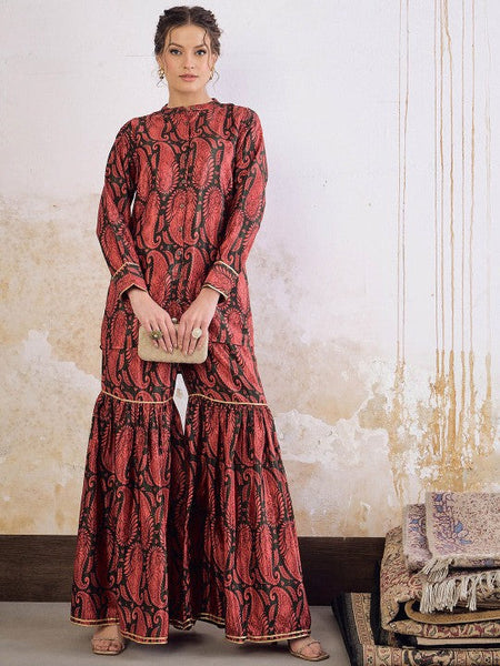 1Long Sleeves Mandarin Collar Kurta with Sharara For Women, Palazzo Kurti Set, Coord Set, Indo Western Outfit, Sharara Suit Kurti Set VitansEthnics