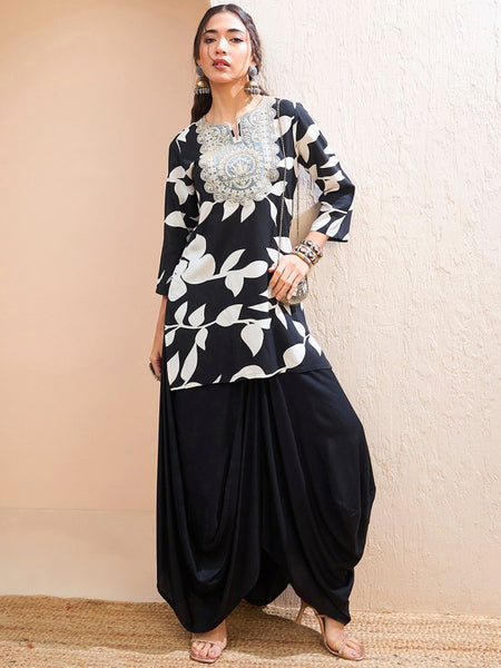 Floral Embroidered Patchwork Kurti With Dhoti Pants Set