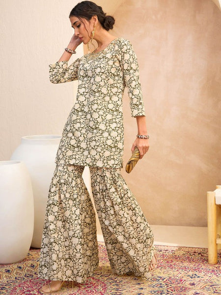 Floral Printed Kurta with Sharara Pants Set