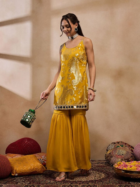 Sleeveless Woven Kurta With Sharara Pants Set VitansEthnics