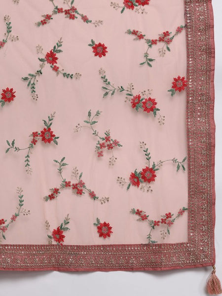 Women Peach Coloured Floral Embroidered Kurta with Trousers & Dupatta