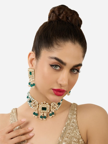 Gold-Plated Kundan-Studded & Beaded Green Choker Jewellery Set VitansEthnics