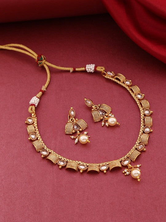 Gold-Plated Stone-Studded Beaded Handcrafted Jewelry Set VitansEthnics