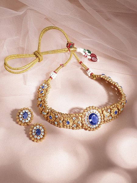 24K Gold Plated Handcrafted Blue Sapphire Intricate Choker Jewellery Set For Women VitansEthnics